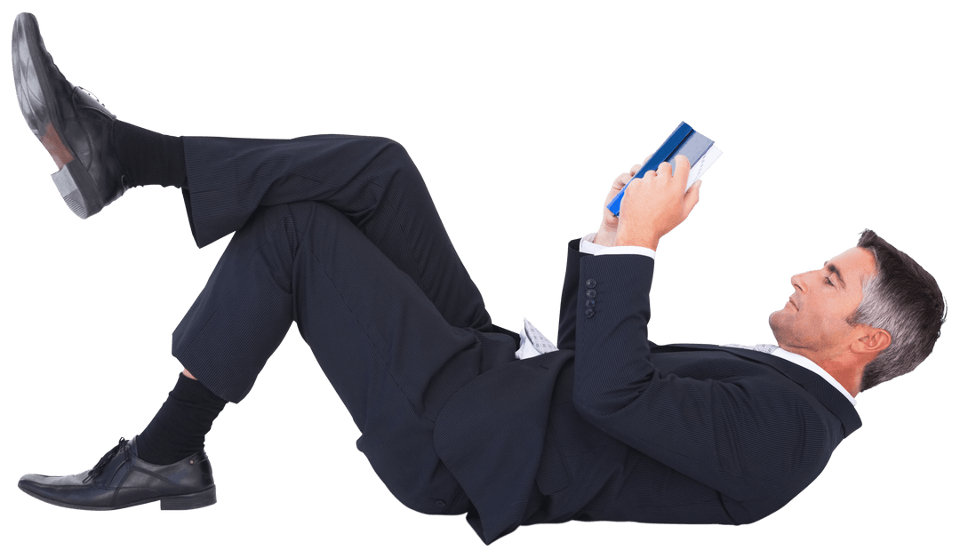 Businessman Reading a Book in Relaxed Pose with Transparent Background