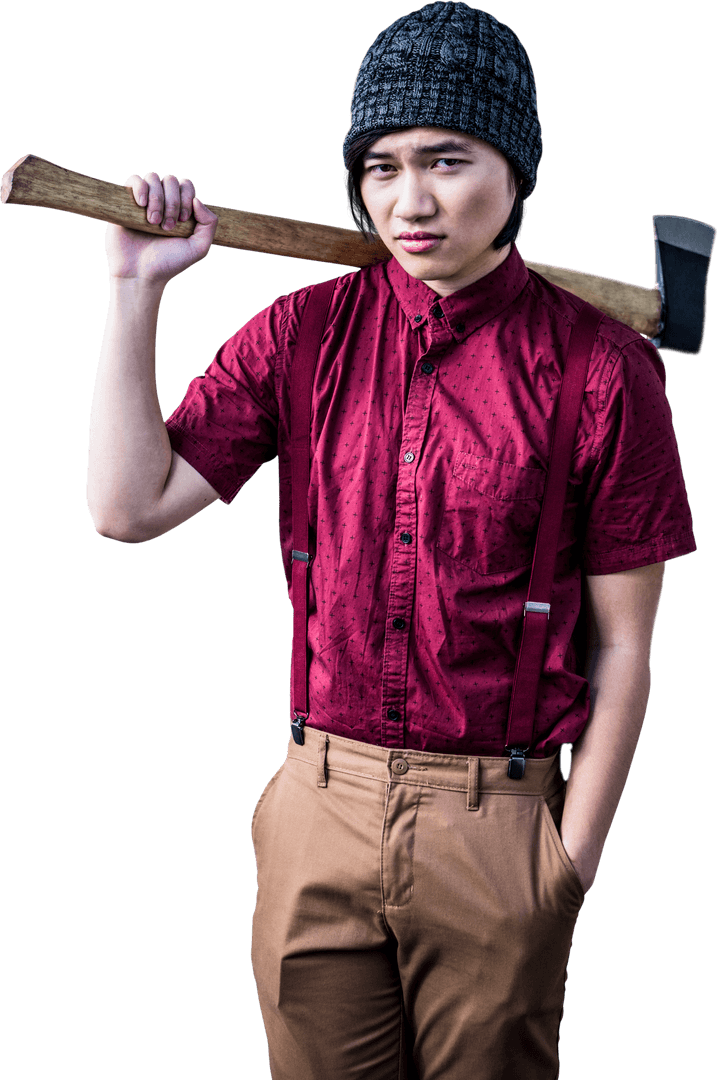 Asian Man Holding Axe, Ready for Work on Transparent Background