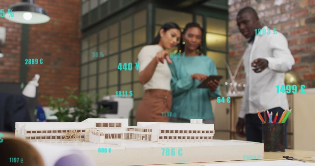 Architects Analyzing Scale Model with Digital Cost Integration