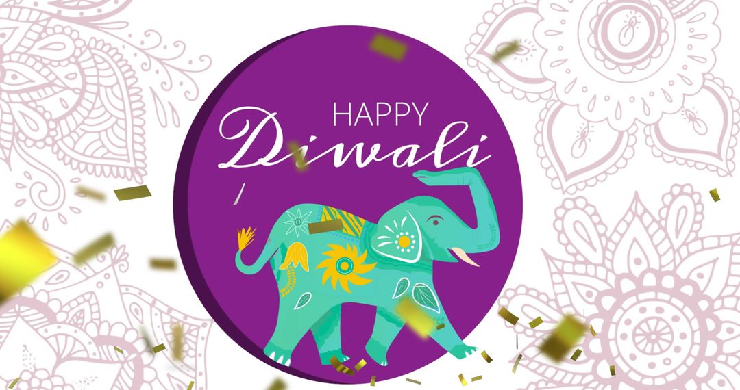 Colorful diwali greeting with decorative elephant and confetti