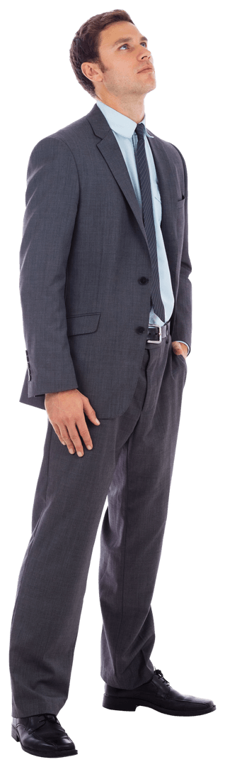 Transparent Businessman in Suit Holding Gaze Upward with Hand in Pocket