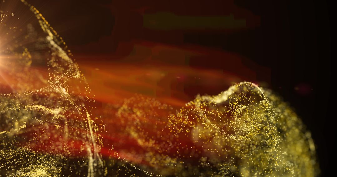 Yellow Particle Cloud with Radiant Light on Black Background