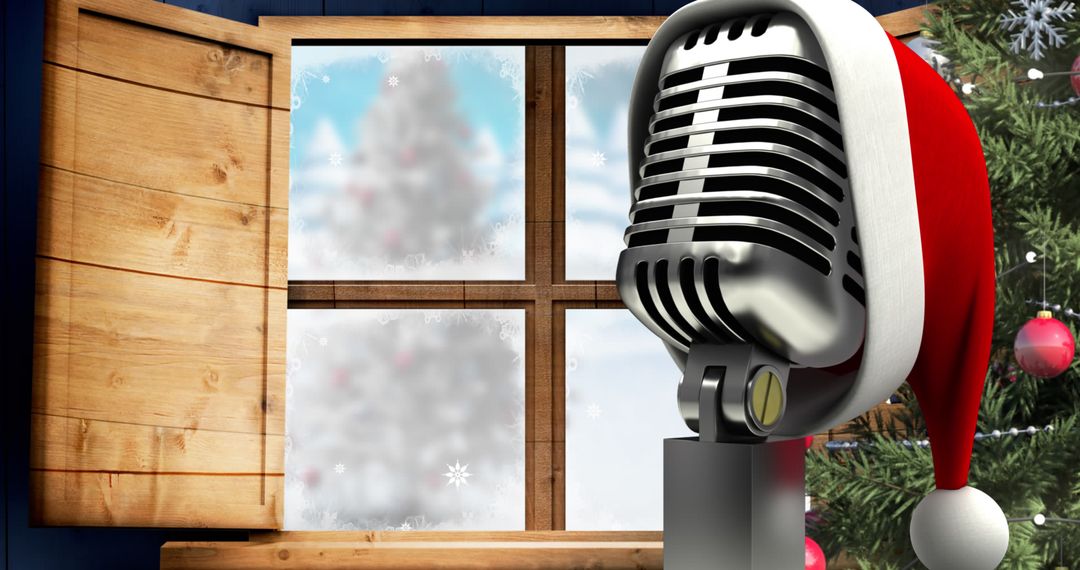 Retro Microphone with Santa Hat Near Festive Window