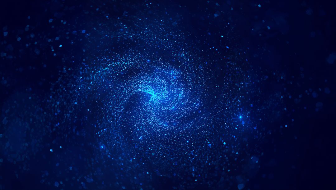 Radiating Cyan Spiral Vortex Over Deep Blue Cosmic Particle Field, Futuristic Energy Core