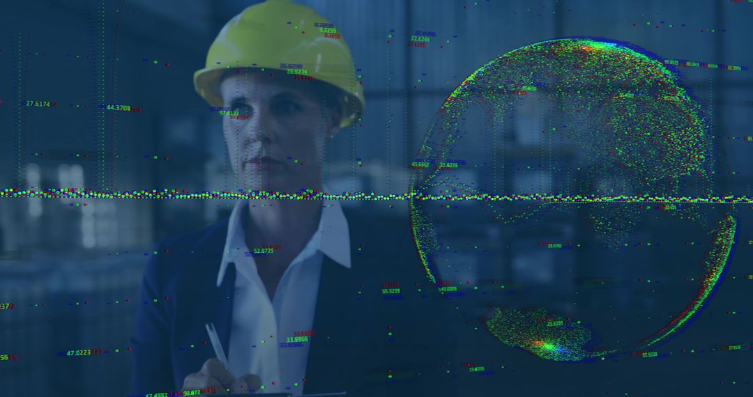 Engineer Analyzing Holographic Data in Industrial Warehouse