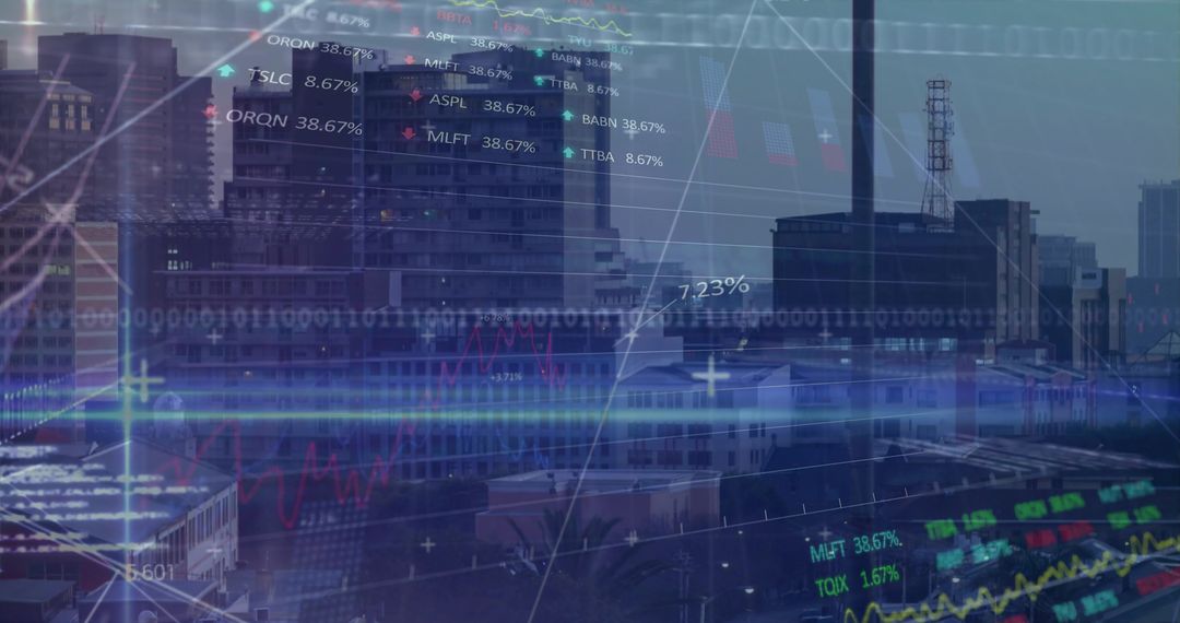 City Skyline with Overlay of Financial Data and Analytics
