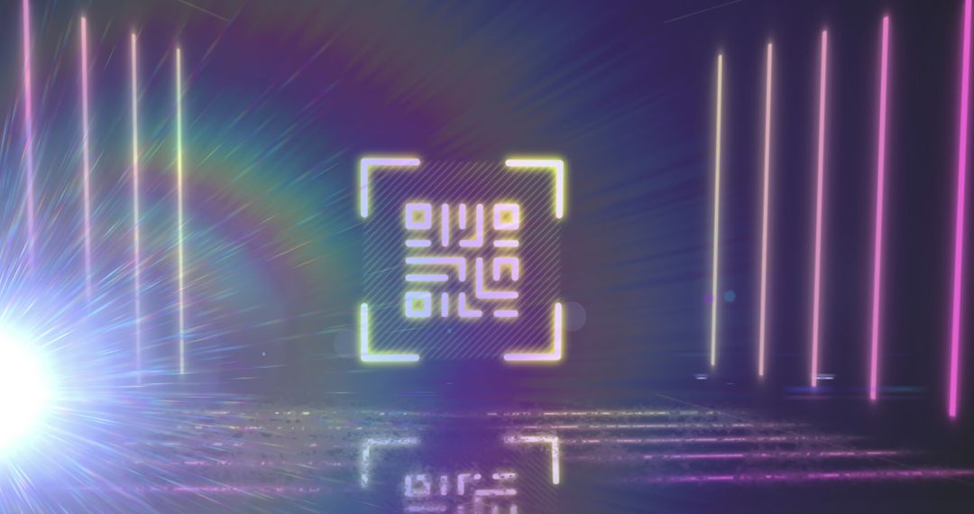 Neon QR Code with Light Trails Over Dark Background
