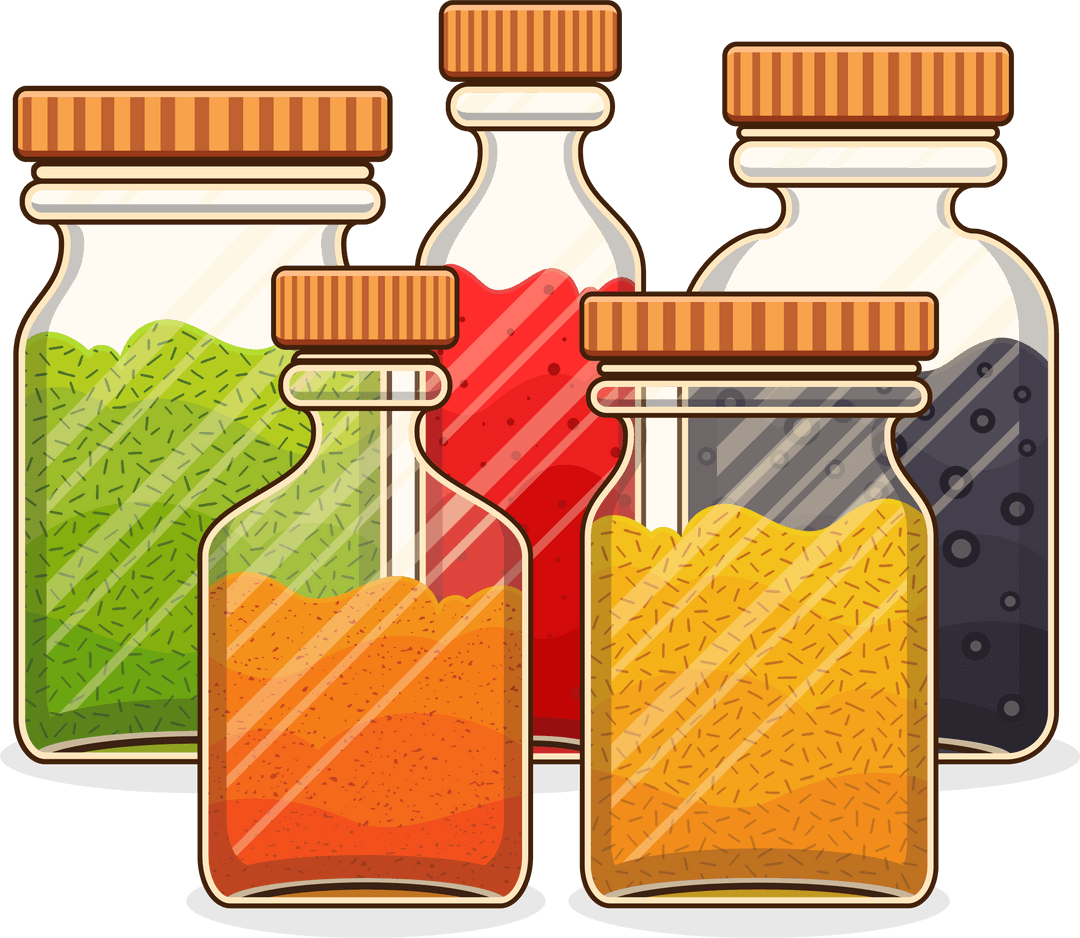 Collection of Transparent Spice Jars with Colorful Spices, Culinary Display