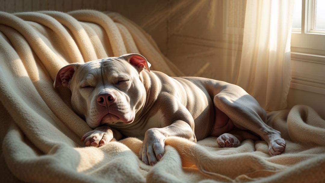 Pitbull Napping on Sunlit Couch with Cozy Blanket