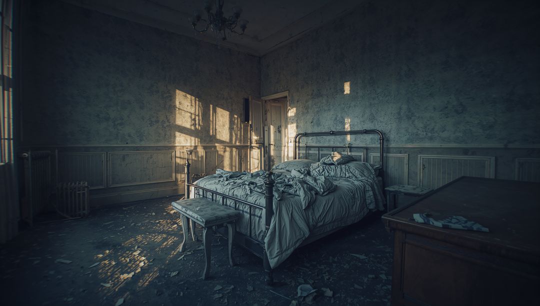 Rundown Bedroom with Metal Bed Frame in Sunlit Decay