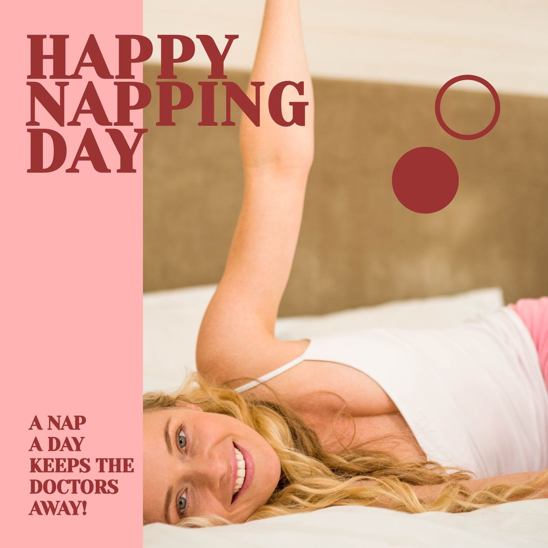Happy Napping Day Celebration with Smiling Woman Relaxing on Bed
