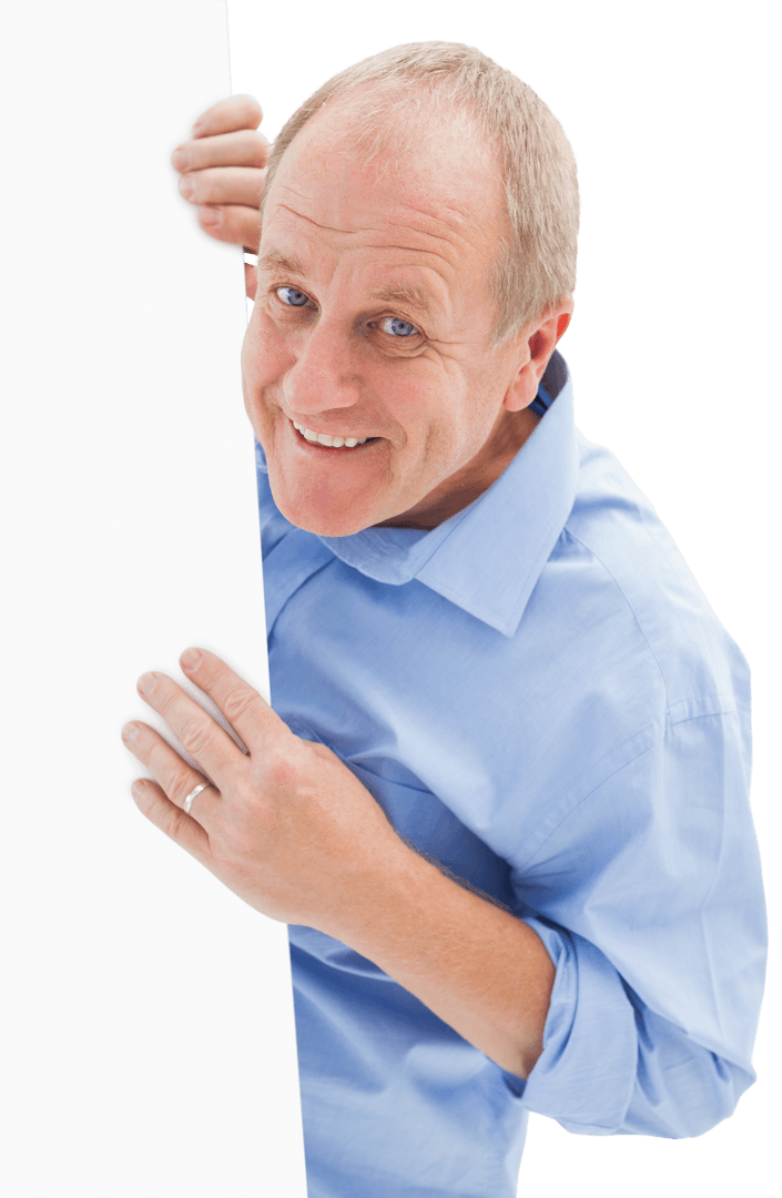 Mature Man Smiling Playfully Around Transparent Card
