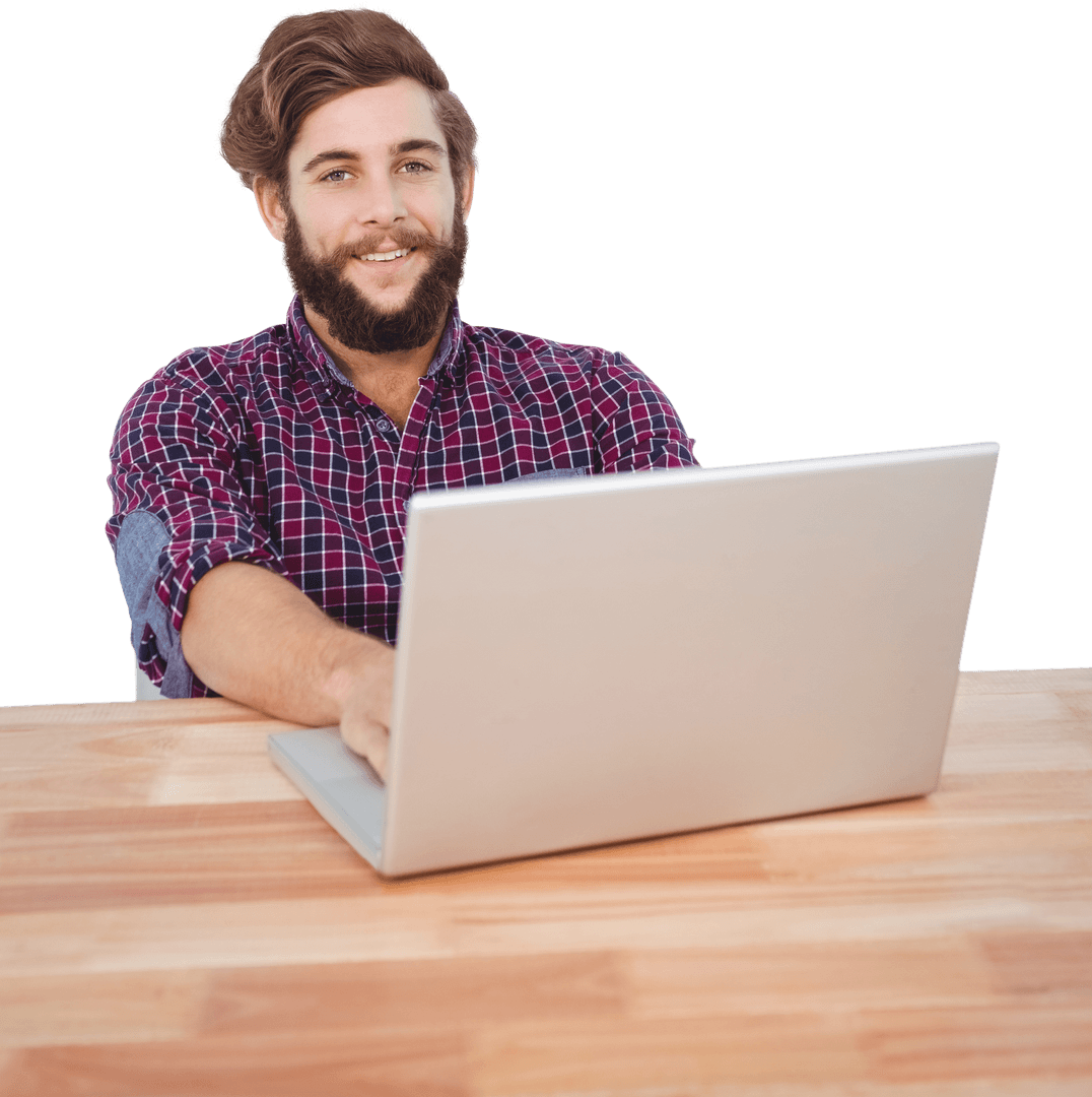 Transparent Background Hipster Man with Laptop Smiling Confidently