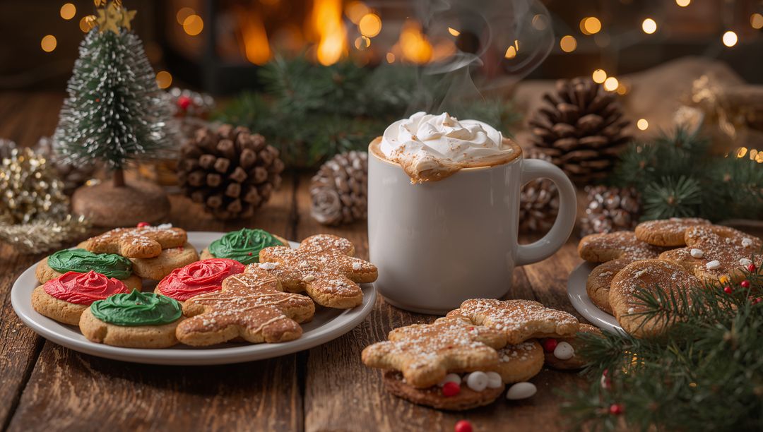 Cozy Holiday Scene with Hot Cocoa and Gingerbread Cookies