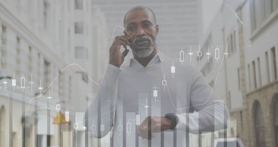 Businessman Engaged in Call with Digital Analytics Overlay