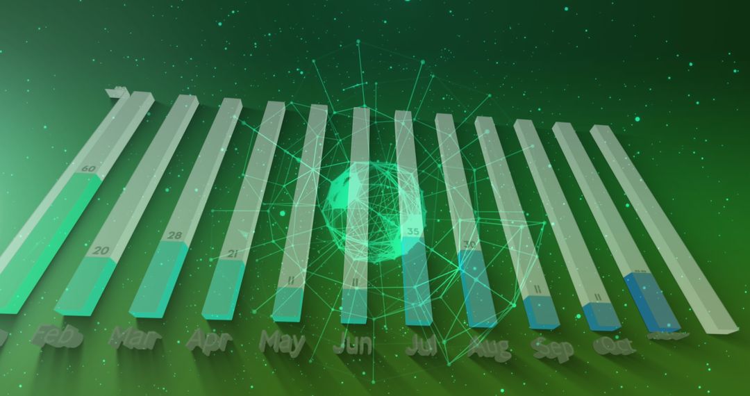 Futuristic Digital Monthly Bar Graph with Green Background and Glowing Globe