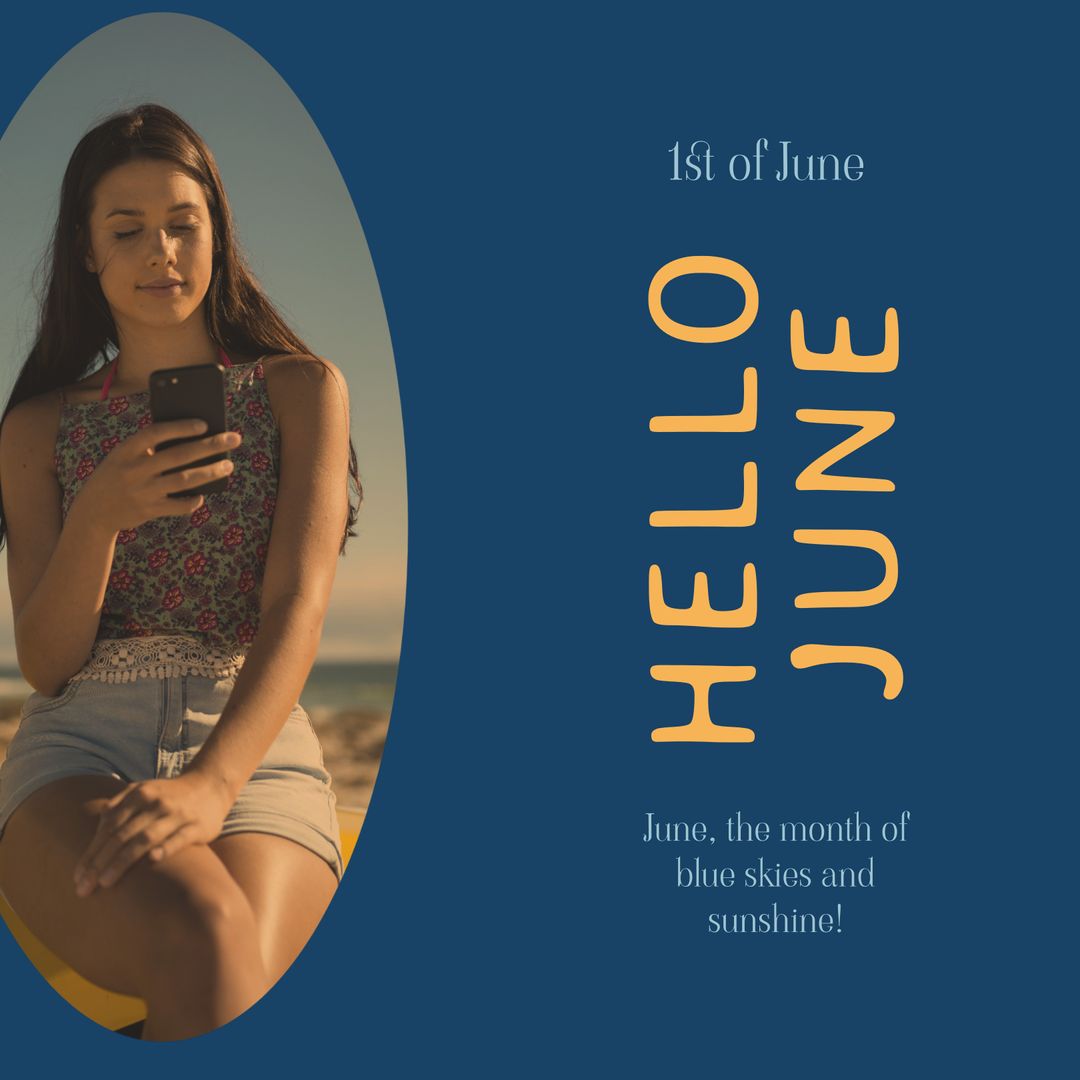 Young Woman Enjoying Summer Beach Day with Smartphone