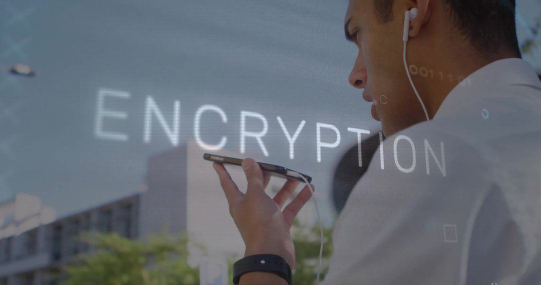 Businessman Speaking into Smartphone with Wired Earbuds and Encryption Overlay in City