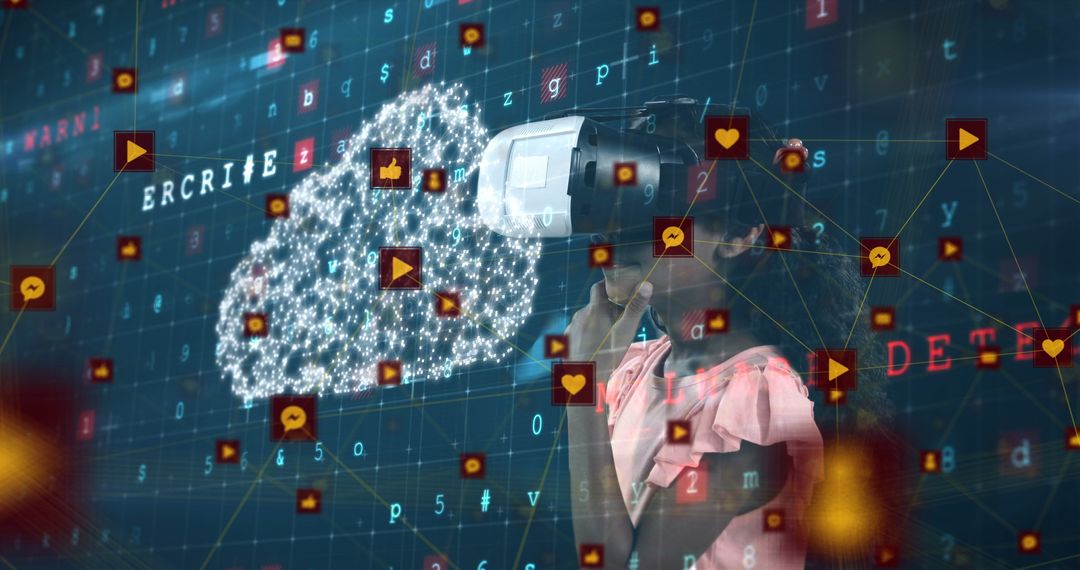 Young Girl Using VR Headset Exploring Digital Cloud and Social Media