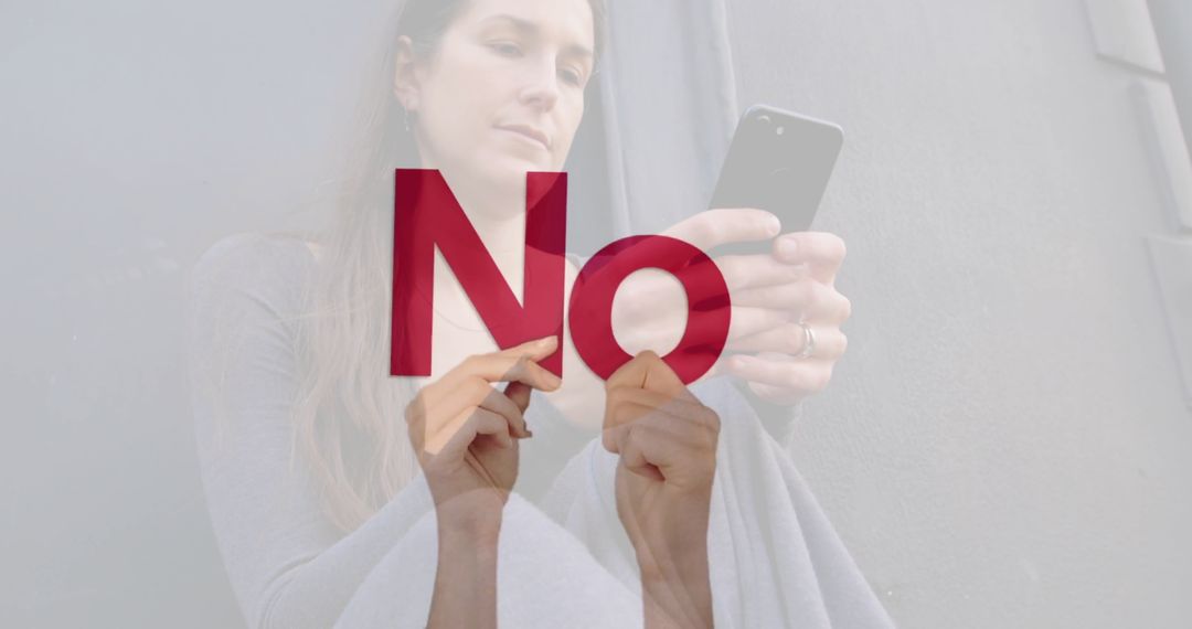Introspective Woman Reflecting with Smartphone and Floating 'No' Text