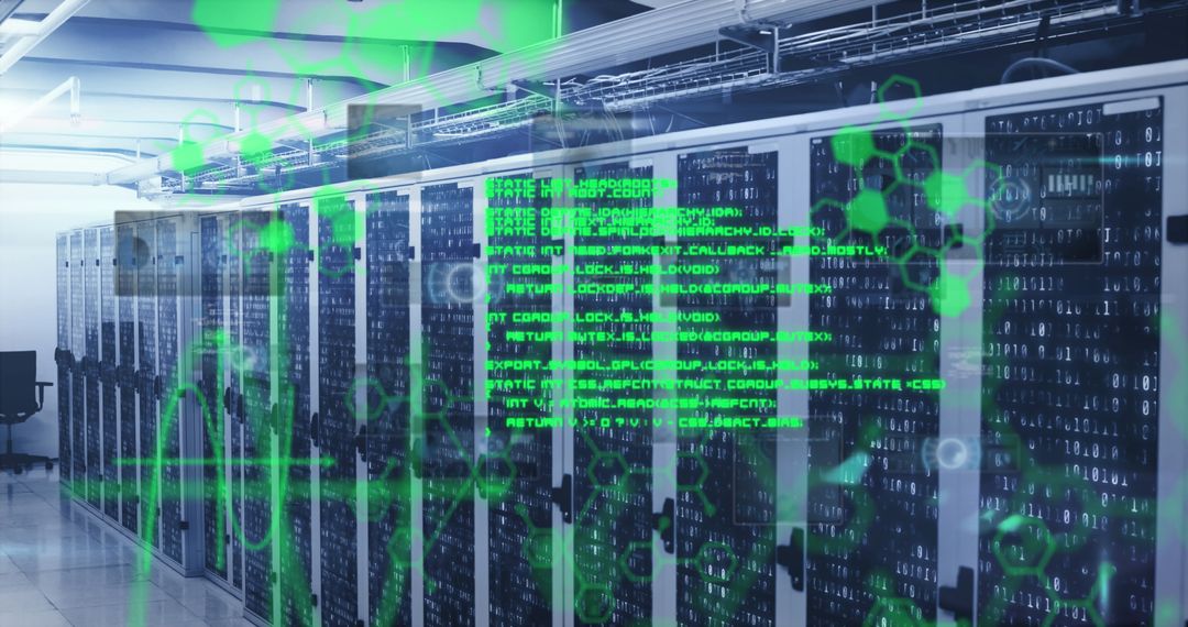Cybersecurity and Data Processing in Server Room with Digital Overlay