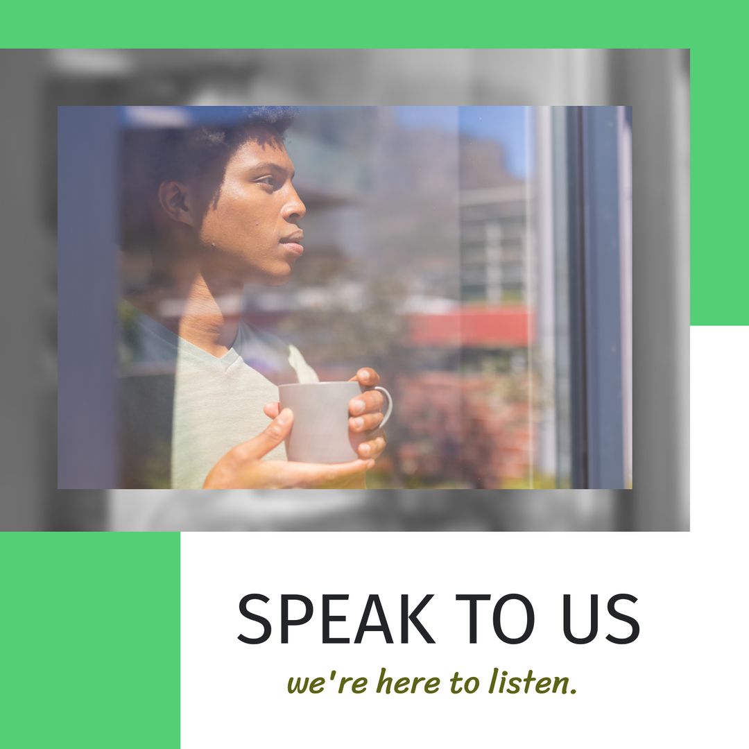 Thoughtful Man Looking Through Window for Mental Health Support Concept