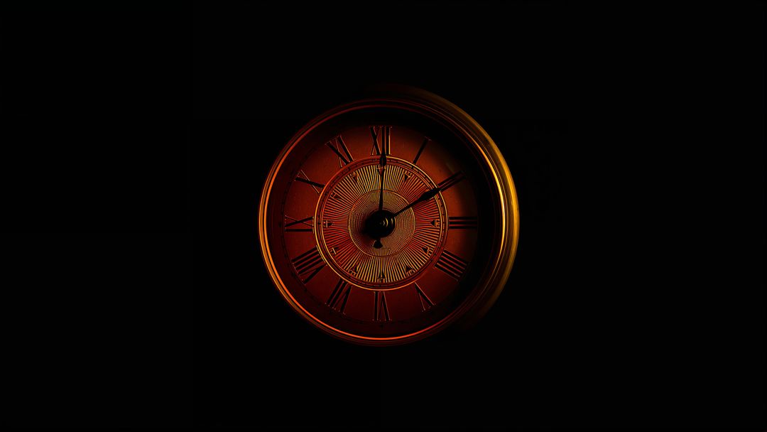 Glowing Antique Clock Face with Roman Numerals Against Dark Background