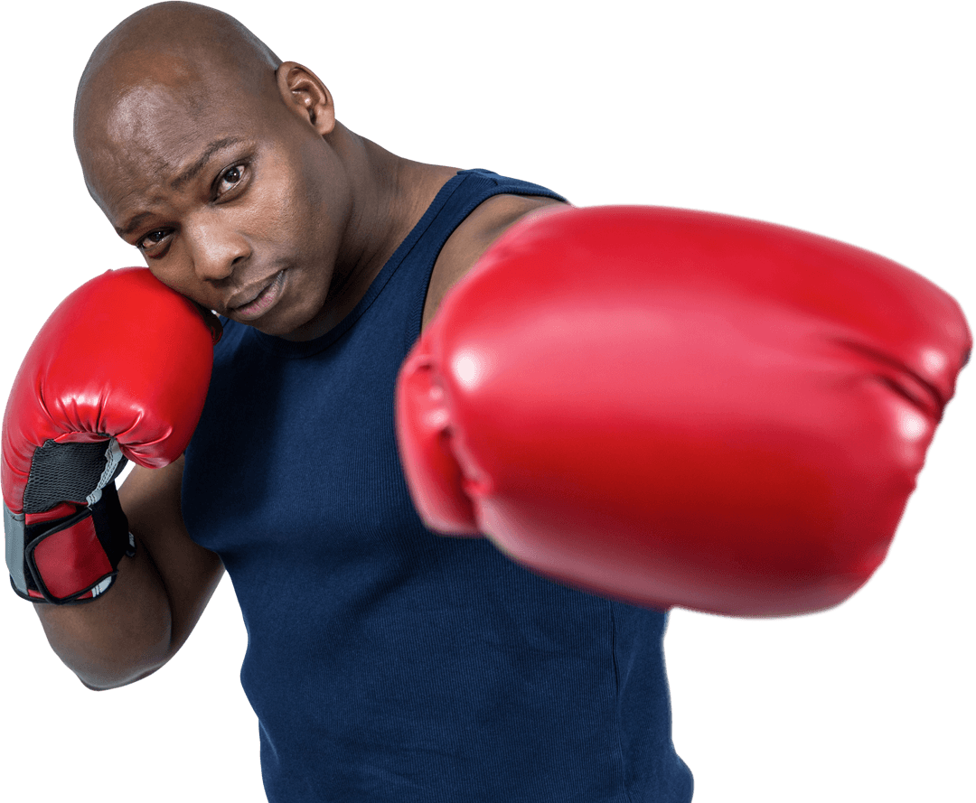 Athletic Black Boxer Punching with Red Gloves on Transparent Background