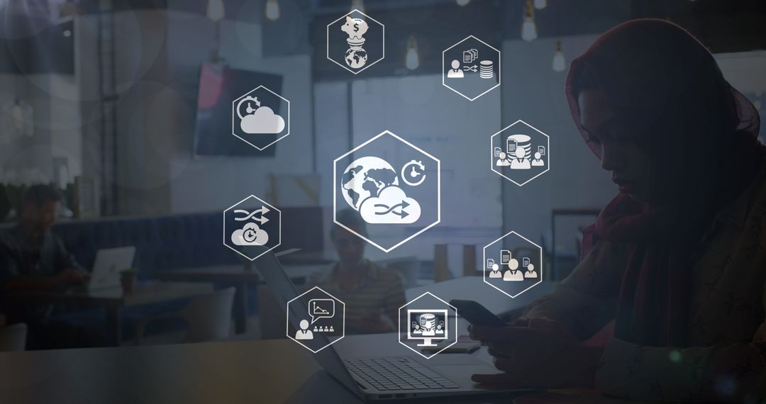 Woman Using Smartphone Surrounded by Technology Icons Illustrating Connectivity