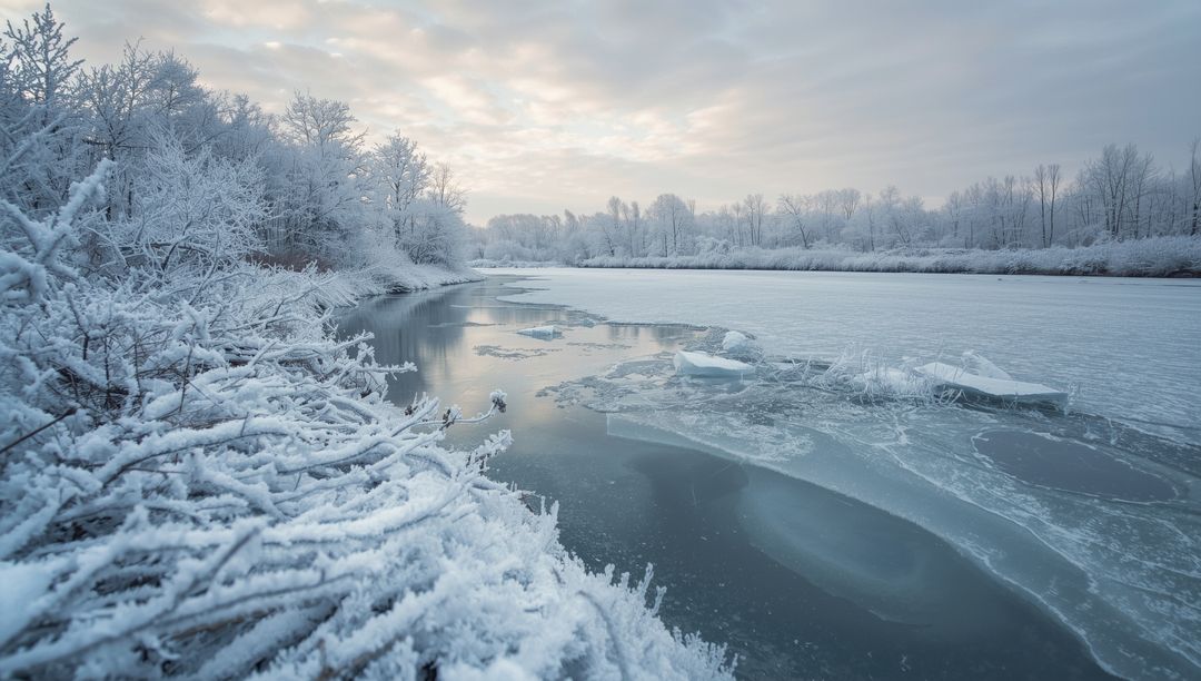 Frozen River and Frost-Covered Trees in Serene Winter Landscape