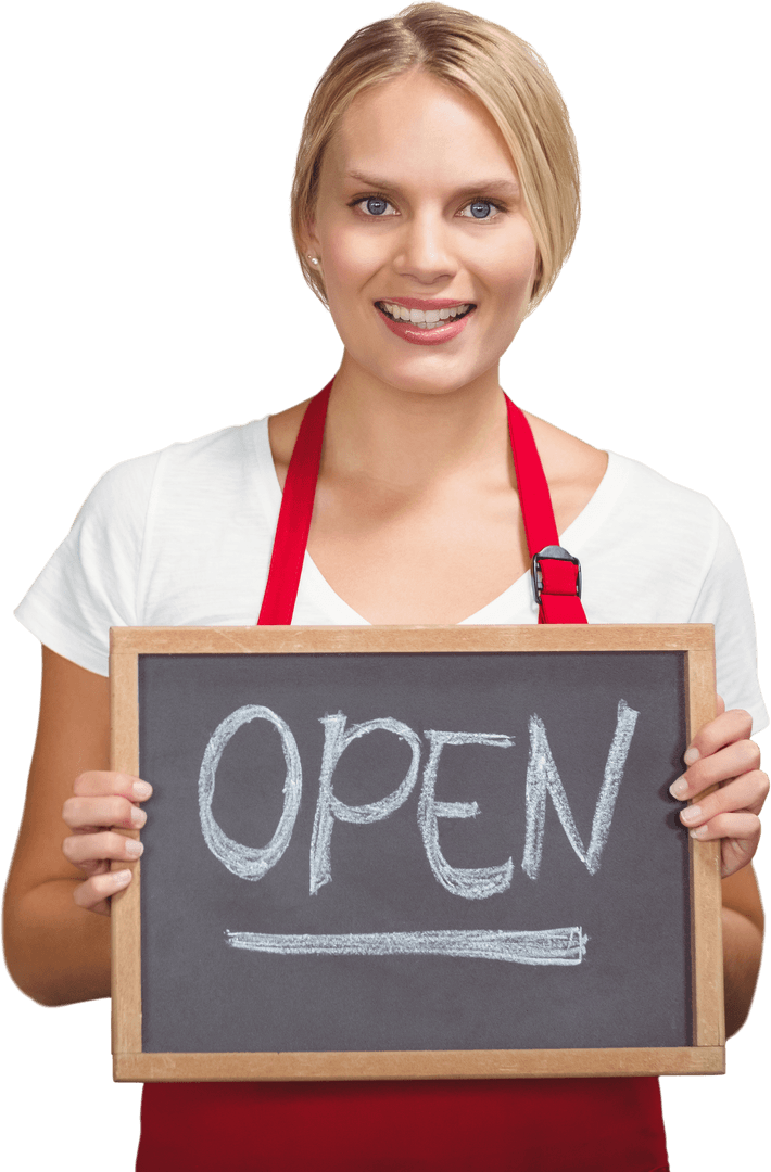 Transparent Woman Holding Chalkboard with Open Text