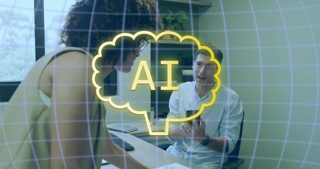 Coworkers Brainstorming AI Innovations in Modern Office Environment