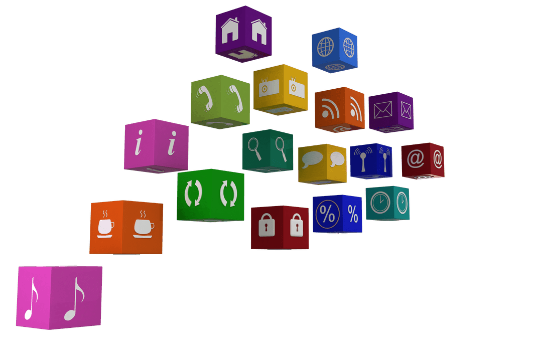 Floating Digital Icon Cubes on Transparent Background