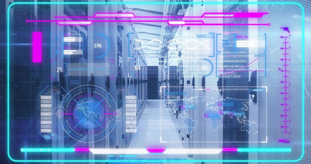 Futuristic Data Center with Transparent HUD Overlay Display