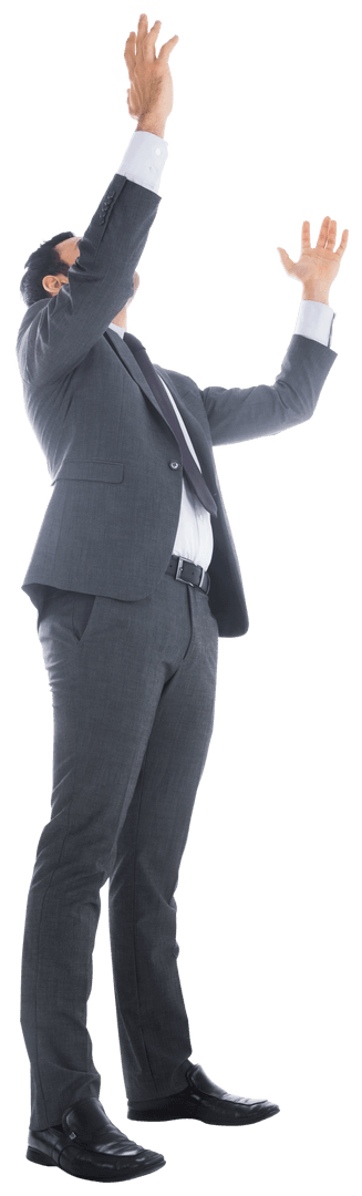 Energetic Businessman Raising Hands on Transparent Background