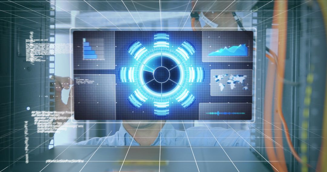 Engineer Interacting with Futuristic Data Interface in Server Room