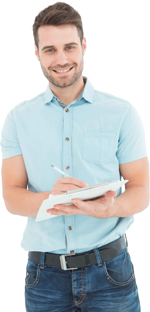 Transparent Cheerful Man Writing on Clipboard in Casual Outfit