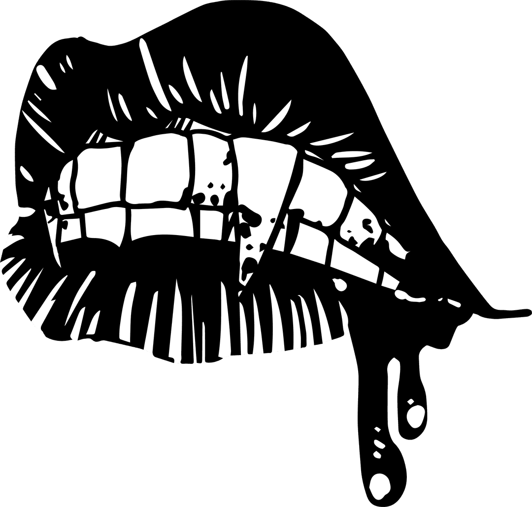 Monochrome Lips Biting Illustration with Dripping Effect on Transparent Background