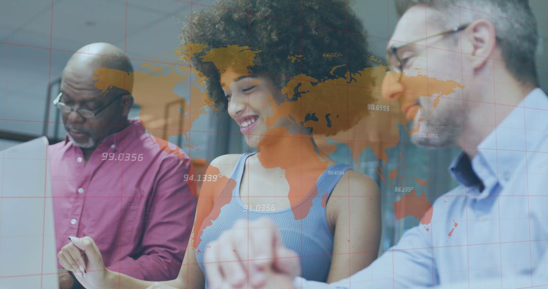 Diverse Team Analyzing Financial Data with World Map Overlay