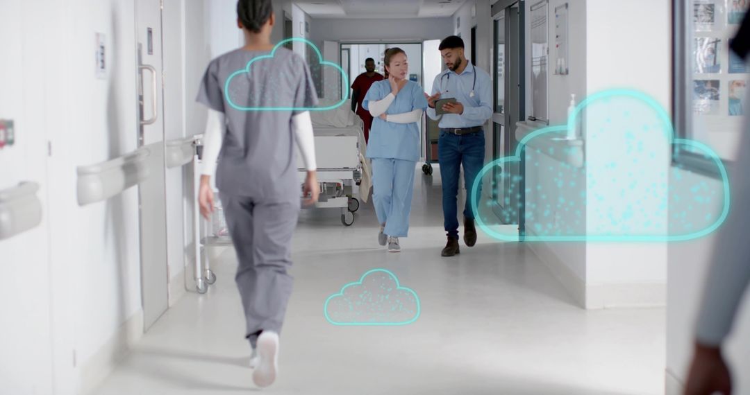 Medical Professionals Collaborating with Technology in Hospital