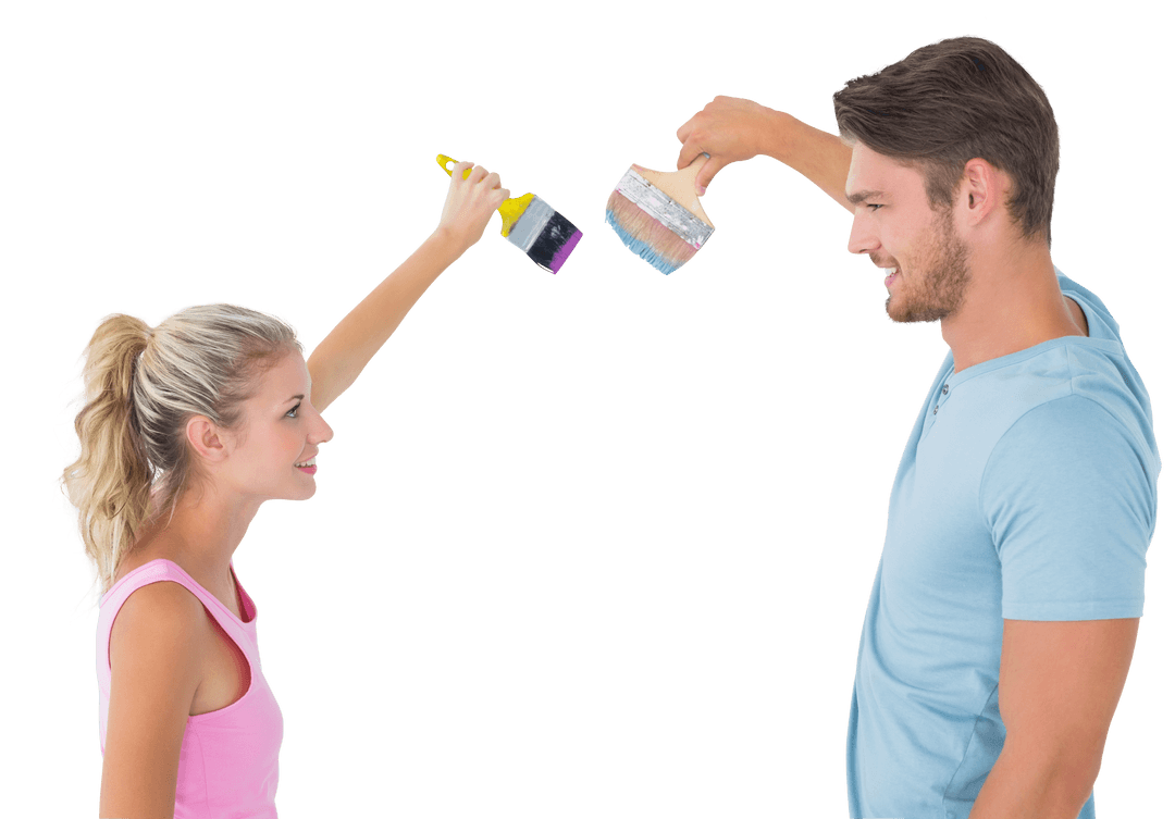 Young Happy Couple with Colorful Brushes on Transparent Background
