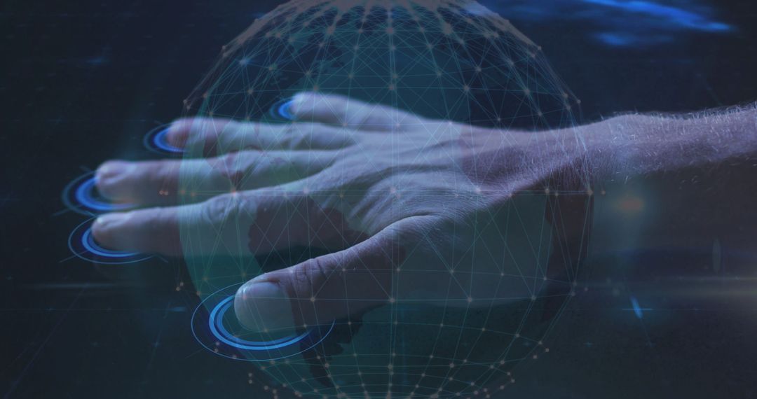Male Hand Interacting with Futuristic Digital Globe Interface