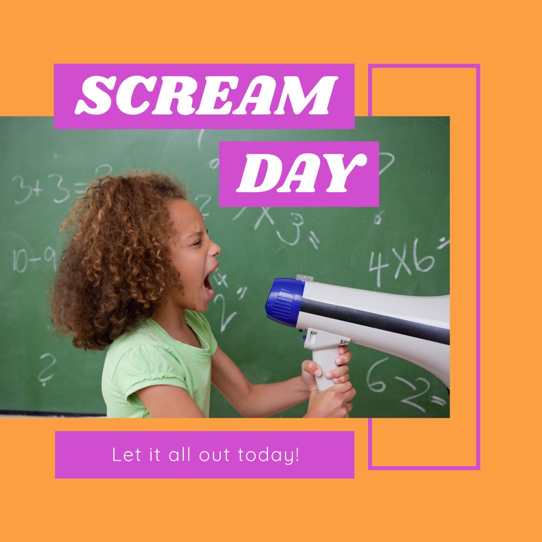 Energetic Girl Screaming Through Megaphone in Classroom