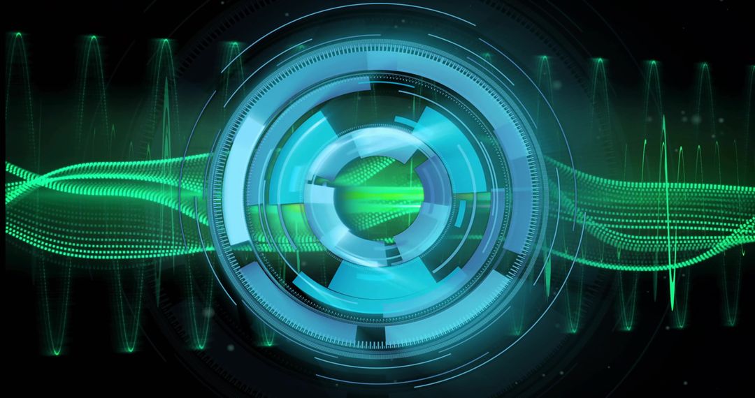 Futuristic HUD Interface With Neon Green Waveform and Rotating Concentric Rings