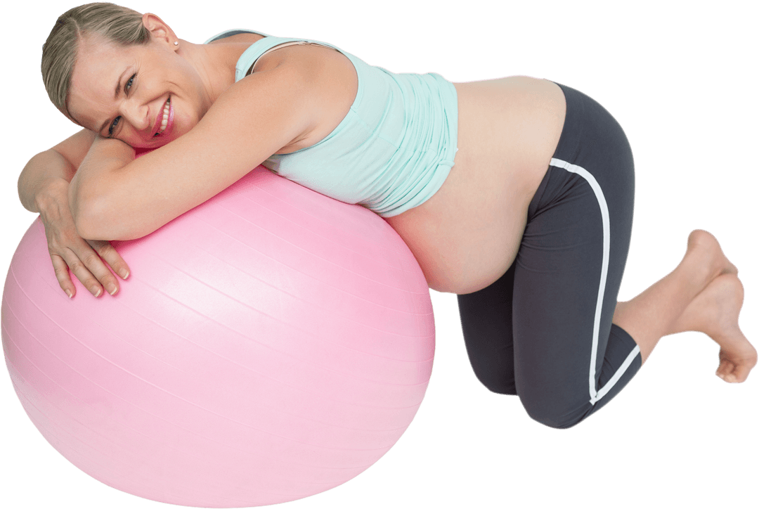 Cheerful Pregnant Woman Kneeling with Transparent Exercise Ball