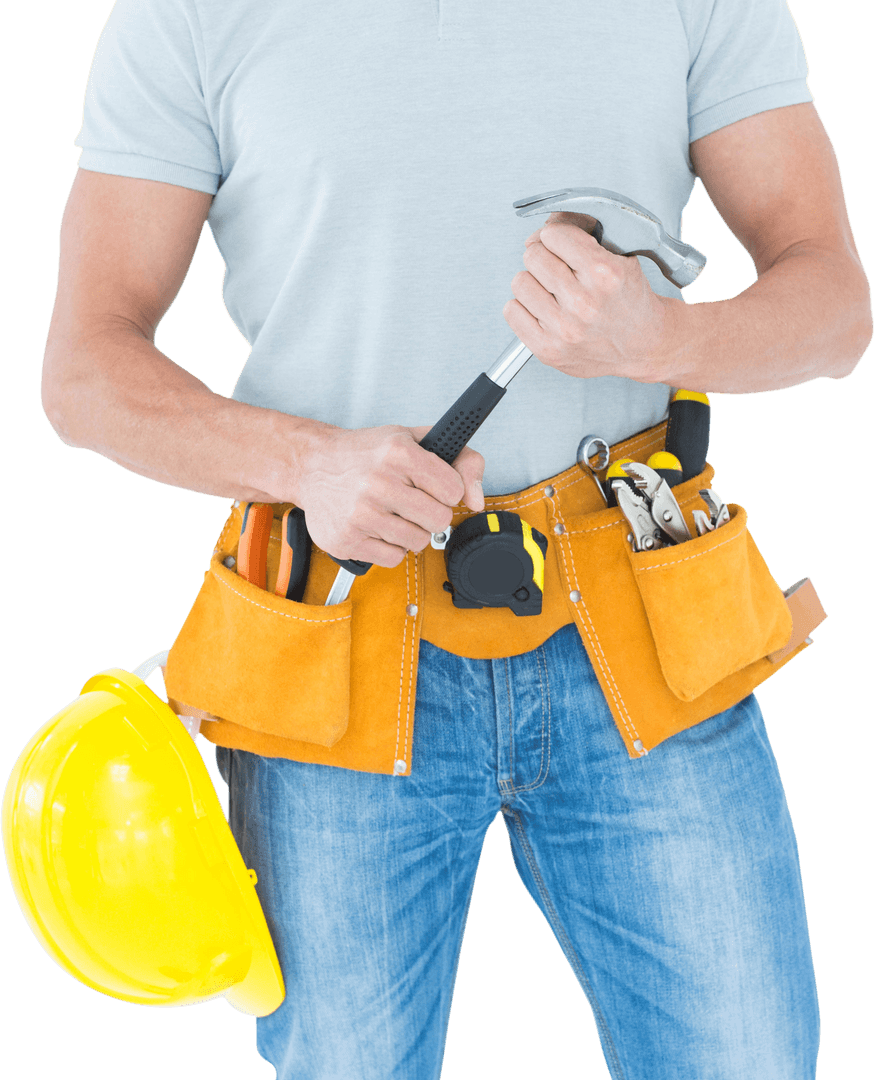 Transparent Image of Worker Holding Hammer with Tools in Belt