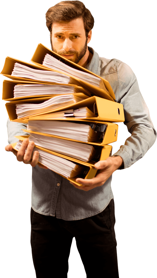Businessman Holding Stack of Files with Transparent Background