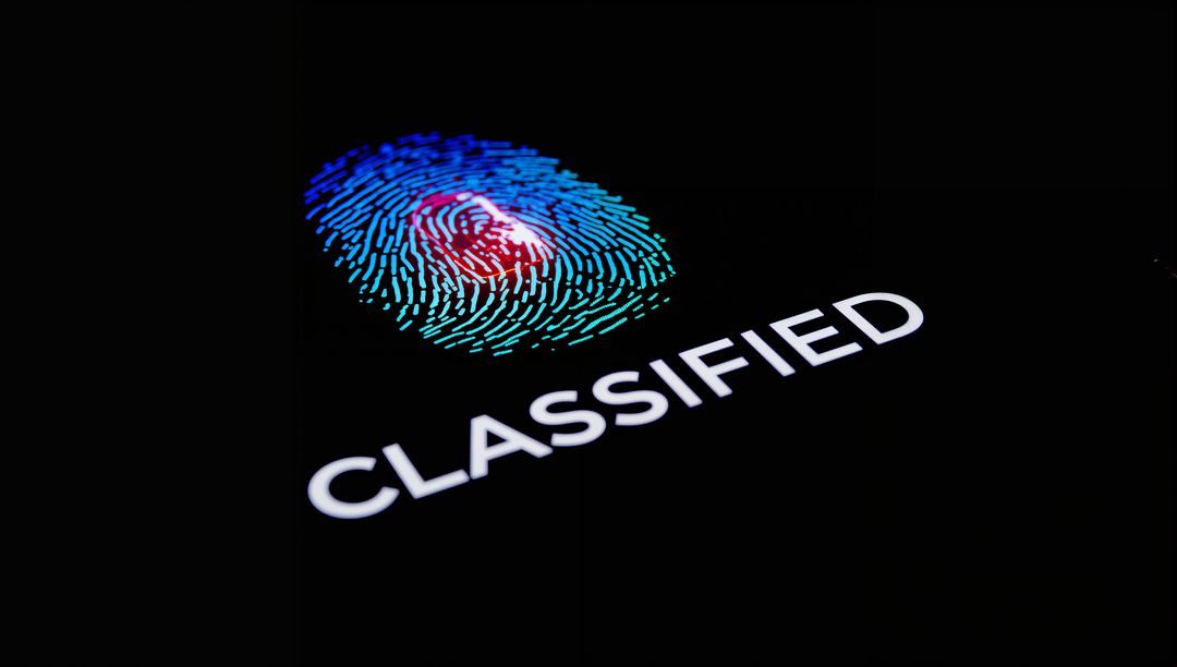 Glowing Biometric Fingerprint Hovering Above CLASSIFIED on Backlit Touchscreen