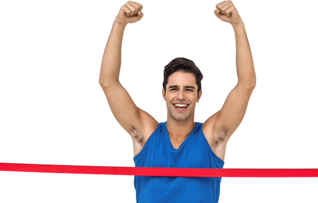 Transparent Energetic Athlete Crossing Finish Line with Raised Arms