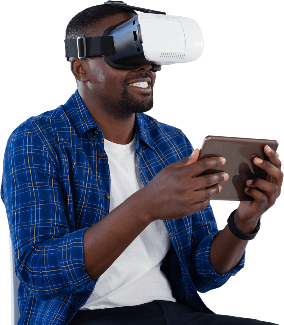 Man Enjoying Virtual Reality with VR Headset and Tablet Transparent Background